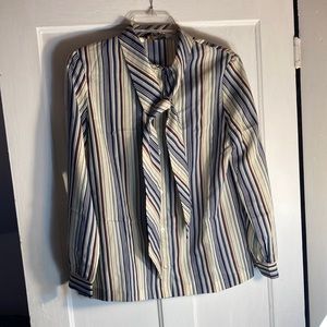 Vintage 80s Striped Blouse with Bow Tie Collar. Medium.